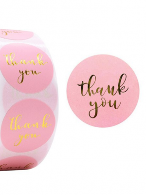 РОЗОВЫЕ НАКЛЕЙКИ С ЗОЛОТЫМ ТЕКСТОМ "THANK YOU" (8 шт, ДИАМЕТР 2,5 см)