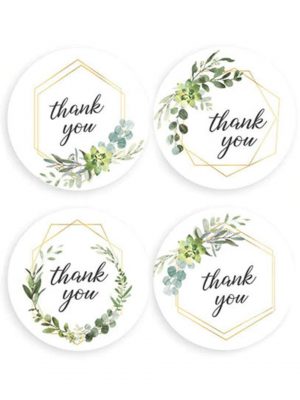НАКЛЕЙКИ С ЗЕЛЕНЬЮ И ГЕОМЕТРИЧЕСКИМИ РАМКАМИ "THANK YOU" 4 ДИЗАЙНА (8 шт, ДИАМЕТР 2,5 см)