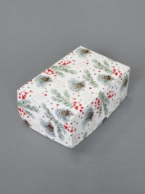 КОРОБКИ БЕЛЫЕ MUFFINS 235 ГР\М2 «ХВОЯ, КРАСНЫЕ ЯГОДЫ И ЗОЛОТЫЕ ЗВЁЗДЫ» (17х17х10 СМ, 25х17х10 СМ)