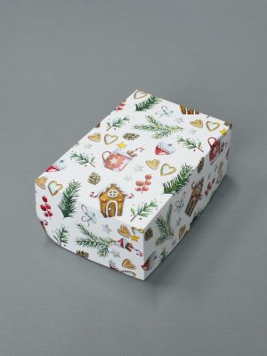 КОРОБКИ БЕЛЫЕ MUFFINS 235 ГР\М2 С АКВАРЕЛЬНЫМ ПРИНТОМ «НОВОГОДНЕЕ ЧАЕПИТИЕ» (17х17х10 СМ, 25х17х10 СМ)