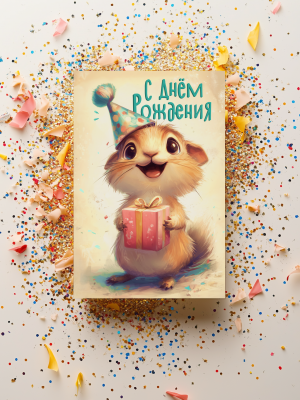 МИНИ-ОТКРЫТКА, КАРТОЧКА С ИЛЛЮСТРАЦИЕЙ БЕЛКИ С ПОДАРКОМ И ТЕКСТОМ "С ДНЁМ РОЖДЕНИЯ" (6х9 см)