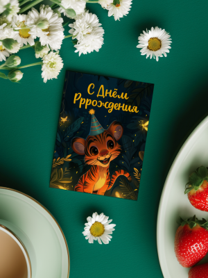 ОТКРЫТКА С ИЛЛЮСТРАЦИЕЙ ТИГРЁНКА С КОЛПАКОМ И ТЕКСТОМ “С ДНЁМ РРРОЖДЕНИЯ” (7,5х10 см)