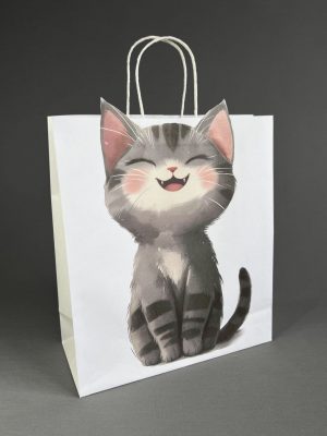 БЕЛЫЙ ПАКЕТ С КОТИКОМ С ОБЪЕМНЫМИ УШКАМИ, БЕЗ ТЕКСТА (30х34х13 см)