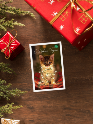 ОТКРЫТКА С ФОТО КОТЁНКА В СВЕТЯЩИЙСЯ ГИРЛЯНДЕ, С ТЕКСТОМ “С НОВЫМ ГОДОМ” (6 х 9 см)