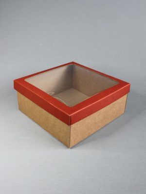 КОРОБКИ ПОЛНОСТЬЮ ИЗ МИКРОГОФРОКАРТОНА: КРАСНАЯ КРЫШКА С ОКНОМ + КРАФТ ДНО (33х30 см, 24х24 см, 10,5х10,5 см)