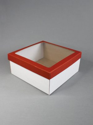 КОРОБКИ ПОЛНОСТЬЮ ИЗ МИКРОГОФРОКАРТОНА: КРАСНАЯ КРЫШКА С ОКНОМ + БЕЛОЕ ДНО (33х30 см, 24х24 см, 10,5х10,5 см)