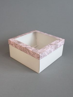 КОРОБКИ 270 гр/м2 С БЕЛОЕ ДНО + КРЫШКА С ОКНОМ С ПРИНТОМ «Золотые цветы на розовом фоне» (20х20 СМ)