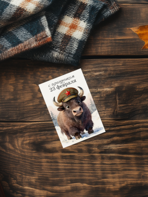 МИНИ-ОТКРЫТКА С АКВАРЕЛЬНОЙ ИЛЛЮСТРАЦИЕЙ ЗУБРА В ВОЕННОЙ ФУРАЖКЕ И ТЕКСТОМ "С ПРАЗДНИКОМ 23 ФЕВРАЛЯ" (6х9 см)