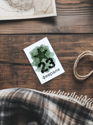 МИНИ-ОТКРЫТКА С ТЕКСТОМ "23 ФЕВРАЛЯ" НА ЗЕЛЕНОМ АКВАРЕЛЬНОМ ФОНЕ СО ЗВЕЗДОЙ (6х9 см)